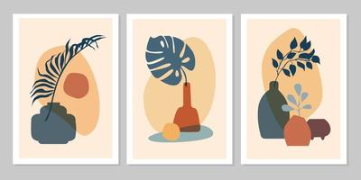 handgezeichnetes abstraktes Boho-Poster mit tropischem Blatt, Farbvase und Form einzeln auf beigem Hintergrund. flache Vektorgrafik. Design für Muster, Logo, Poster, Einladung, Grußkarte vektor