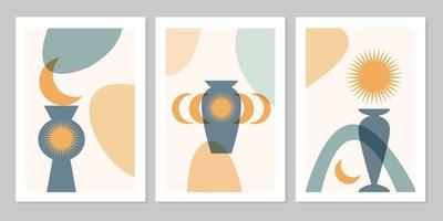 handgezeichnetes abstraktes Boho-Poster mit tropischem Blatt, Sonne, Mond und Form einzeln auf beigem Hintergrund. flache Vektorgrafik. Design für Muster, Logo, Poster, Einladung, Grußkarte vektor