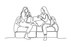 kontinuerlig linje vektor illustration design av två kvinnor Sammanträde på soffa