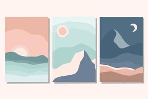 Eine Reihe trendiger, minimalistischer, ästhetischer Landschaft, abstrakter zeitgenössischer Collage mit Sonnenaufgang, Sonnenuntergang, Nacht. Erdtöne, Pastellfarben. flache Vektorgrafik. Kunstdruckvorlagen, Boho-Wanddekor vektor