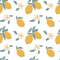 Nahtloses Muster von frischem Obst gelbe Zitrone mit grünem Blatt, Blume, Slice in Handzeichnungsstil isoliert auf weißem Hintergrund. Vektor flache illustration.design für Textilien, Tapeten, Verpackung
