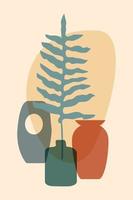 handgezeichnete abstrakte Boho tropische Pflanzenblätter mit bunten Vasen und Form auf beigem Hintergrund isoliert. flache Vektorgrafik. Design für Muster, Logo, Poster, Einladung, Grußkarte vektor