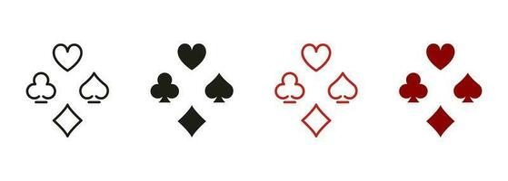 spielen Karte, Glücksspiel Spaten. Kasino Spiel Piktogramm. Poker abspielen passen Symbol Sammlung. Karte passen Linie und Silhouette Symbol Satz. schwarz Jack Verein im las Vegas Symbol. isoliert Vektor Illustration.