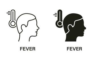 feber symptom linje och silhuett ikon uppsättning. feber värme, hög kropp temperatur symbol samling. influensa, kall coronavirus symptom. termometer piktogram för medicinsk affisch. isolerat vektor illustration.