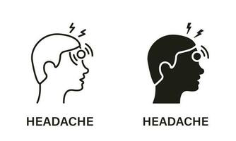 huvudvärk linje och silhuett ikon uppsättning. huvud sjukdom, Trötthet symbol samling. migrän, hälsa problem, smärta, påfrestning, trött och utbrändhet. symptom av virus sjukdom, influensa, kall. vektor illustration.