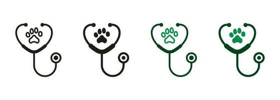 Stethoskop und Tier Fußabdruck Veterinär Konzept. Tierarzt Medizin Ausrüstung Linie und Silhouette Symbol Satz. Haustier, Hund, Katze Gesundheit Pflege Bedienung Symbol Sammlung. isoliert Vektor Illustration.