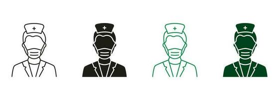 Fachmann Medizin Mitarbeiter im Krankenhaus Symbol Sammlung. der Chirurg Mann Arzt Linie und Silhouette Symbol Satz. Plastik Chirurgie Spezialist im medizinisch Gesicht Maske Piktogramm. isoliert Vektor Illustration.