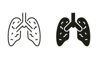 entzündlich Bedingung von Lunge Symbol Sammlung. Mensch intern Organ Linie und Silhouette Symbol Satz. Lungenentzündung, Asthma, viral Krankheit. Lungenentzündung Lunge unterzeichnen. isoliert Vektor Illustration.