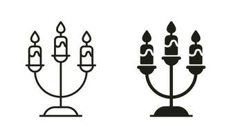 Leuchter mit Verbrennung Kerzen Linie und Silhouette schwarz Symbol Satz. Dekor zum Halloween Piktogramm. Kerze Halter mit Flamme zum Religion, Weihnachten, Chanukka. isoliert Vektor Illustration.