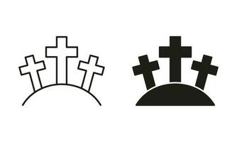 Friedhof mit Grabstein und Kreuz Linie und Silhouette schwarz Symbol Satz. Grabstein, Grab, Grabstein Piktogramm. gespenstisch Friedhof, Halloween Symbol Sammlung. isoliert Vektor Illustration.