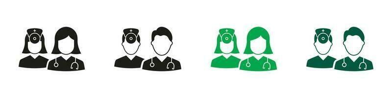 Ärzte und Krankenschwester Mannschaft Silhouette Symbol Satz. Gesundheitswesen Fachmann, Krankenhaus Mitarbeiter schwarz und Farbe Symbol Sammlung. medizinisch Spezialisten Gruppe solide Piktogramm. isoliert Vektor Illustration.