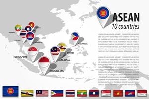 ASEAN-Verband südostasiatischer Nationen und GPS-Navigator-Standort-Pin mit Landesflagge der Mitgliedschaft auf der Weltkarte. Vektor. vektor