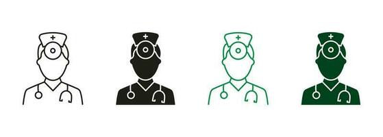 ent specialist. otolaryngologist läkare linje och silhuett ikon uppsättning. öra, näsa, hals läkare symbol samling. otolaryngology läkare personal svart och Färg piktogram. isolerat vektor illustration.