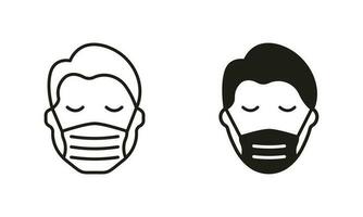 Mann im Gesicht Maske Linie und Silhouette Symbol Satz. medizinisch Gesicht Schutz Maske Startseite Mund und Nase von Mensch Symbol Sammlung. tragen Respirator gegen Virus, Staub, Allergie. isoliert Vektor Illustration.