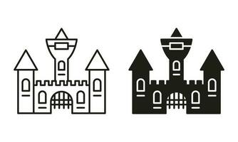 vampyr dracula slott linje och silhuett svart ikon uppsättning. halloween gotik läskigt slott piktogram. skrämmande mörk gammal slott för halloween firande symbol samling. isolerat vektor illustration.