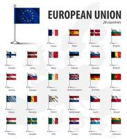 Realistische Flagge der Europäischen Union und Mitgliedschaft mit Fahnenmast auf Europa-Kartenhintergrund. vektor