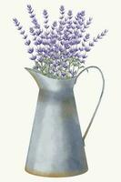 Lavendel Strauß im Jahrgang Metall rustikal Krug. Hand gezeichnet Aquarell Illustration von lila Blumen im Garten Ausrüstung zum Gruß Karten oder Einladungen auf Weiß isoliert Hintergrund. Blumen- Zeichnung vektor