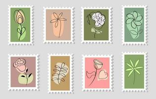 einstellen von Porto Briefmarken mit Blumen. Briefmarken mit Linie Zeichnungen von Blumen. Symbole, Vektor