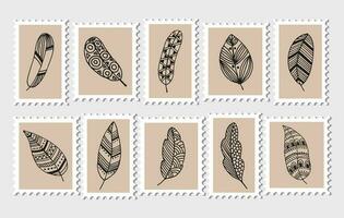 uppsättning av porto frimärken med klotter löv. illustration, ikoner, vektor