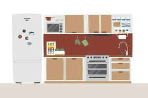 modern Küche einstellen voll von Haushaltsgeräte und Utensilien. gemütlich inländisch Szene im Mitte Jahrhundert modern Stil. Essen Zimmer mit enorm Kühlschrank und Geschirr. Zuhause Innere Hand gezeichnet eben Vektor Illustration