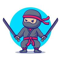 söt ninja med två svärd vektor tecknad serie illustration