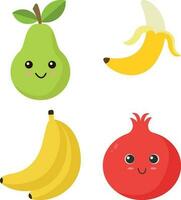 söt frukt, Lycklig söt uppsättning av leende frukt ansikten. vektor uppsättning av platt tecknad serie illustration ikoner. isolerat på vit bakgrund.