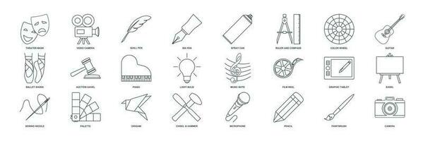 konst ikon uppsättning, design och teckning symboler samling, logotyp illustrationer, konst och underhållning tecken piktogram paket isolerat vektor illustration