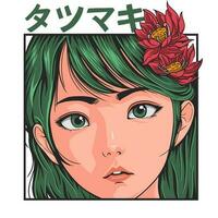 söt japansk flicka bär röd blomma på öra vektor illustration vit bakgrund