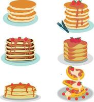 National Pfannkuchen Tag. Pfannkuchen mit Sirup und Himbeeren Vektor. Stapel von Pfannkuchen auf ein Teller Symbol. Vektor Illustration