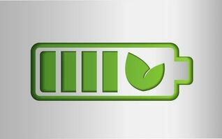 batteri, uppladdningsbar, logotyp med grön blad, rena grön energi symbol, laddare, vektor illustration på silver- bakgrund i papper skära stil
