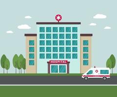 medicinsk sjukhusbyggnad utanför. en ambulansbil bredvid sjukhusbyggnaden. isolerad medicinsk anläggning yttre vy med träd och moln i bakgrunden vektor