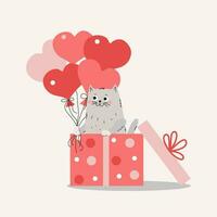 tecknad serie katt i en gåva låda. kattunge med ballonger. en knippa av ballonger i de form av en hjärta. vektor illustration på isolerat bakgrund.