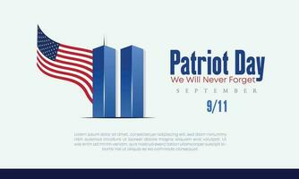 minns september 9 11. patriot dag. september 11. aldrig glömma USA 9 11. tvilling torn på amerikan flagga. värld handel Centrum nio elva. vektor design mall med röd, vit och blå färger