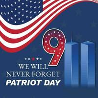 Erinnern September 9 11. Patriot Tag. September 11. noch nie vergessen USA 9 11. Zwilling Türme auf amerikanisch Flagge. Welt Handel Center neun elf. Vektor Design Vorlage mit Rot, Weiß und Blau Farben