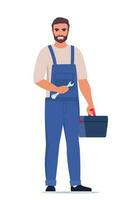 Handwerker oder Mechaniker mit ein Werkzeugkasten. Mann Charakter im Uniform mit Schlüssel im seine Hand. Vektor Illustration.
