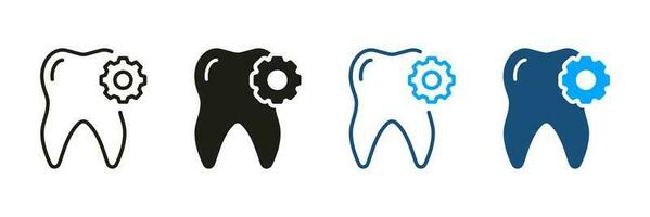 Zahn mit Gang, medizinisch Extraktion Piktogramm. Dental Reparatur Silhouette und Linie Symbol Satz. kieferorthopädisch Oral Medizin. Dental Behandlung, Zahnheilkunde Symbol Sammlung. isoliert Vektor Illustration.