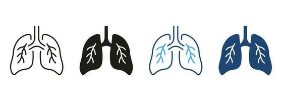 gesund Bronchial Atemwege System Linie und Silhouette Farbe Symbol Satz. Lunge, Mensch intern Organ Piktogramm. Atmung Krankheit Symbol Sammlung auf Weiß Hintergrund. isoliert Vektor Illustration.