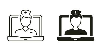 online medizinisch Bedienung im Laptop Linie und Silhouette schwarz Symbol Satz. Arzt virtuell Beratung. Telemedizin Gesundheitswesen Symbol Sammlung. Fernbedienung Arzt Mann unterzeichnen. isoliert Vektor Illustration.