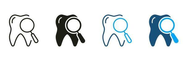 Zahn medizinisch Prüfung Piktogramm. Lupe Glas zum Zähne Verhütung. Dental Untersuchung Diagnose Silhouette und Linie Symbol Satz. Dental Behandlung Symbol Sammlung. isoliert Vektor Illustration.