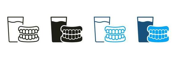 tandprotes med glas av vatten silhuett och linje ikon uppsättning. medicinsk dental protes, artificiell tand tecken. mänsklig falsk tand. dental behandling symbol samling. isolerat vektor illustration.