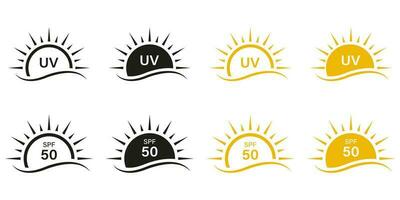 uv Haut Schutz Piktogramm Satz. Sonnencreme Sahne Etiketten. Anti ultraviolett Strahlen, Block Solar- Strahlung Symbol Sammlung. Sonnenschutz Lotion, spf 50 schützen Symbole. isoliert Vektor Illustration.