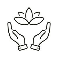 Mensch Hände halten Blume Linie Symbol. Yoga und Spa Gliederung Symbol. Lotus und Hände, Meditation linear Piktogramm. Schönheit medizinisch Klinik einfach unterzeichnen. editierbar Schlaganfall. isoliert Vektor Illustration.