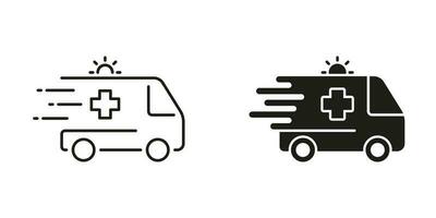 ambulans linje och silhuett svart ikon uppsättning. nödsituation bil för patienter piktogram. snabb sjukvårdare transport för först hjälpa symbol samling. brådskande medicinsk hjälp. isolerat vektor illustration.