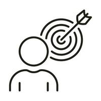 Person mit Ziel Linie Symbol. Tor Strategie, Ziel Fokus linear Piktogramm. Zielsetzung orientiert Mensch. Dartscheibe bullseye und Pfeil, Richtigkeit Gliederung Symbol. editierbar Schlaganfall. isoliert Vektor Illustration.