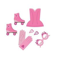 glamorös modern rosa barbie element vektor tecknad serie illustration på isolerat vit bakgrund. dragen barbiecore med kläder, handskar, rullar, hår clips, glasögon, nostalgisk 2000-talet stil barbie uppsättning.