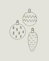 Weihnachten Spielzeuge zum Herzliche Glückwünsche glücklich Neu Jahr minimalistisch Stil Vektor Illustration. Tinte gezeichnet festlich Vorlage zum Herzliche Glückwünsche auf Winter Feiertage. Boho Stil Hintergrund Design Element