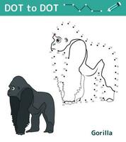 punkt till punkt. tal spel. utbildning matematik spel för barn. teckning uppgift för ungar. färgad kalkylblad med söt tecknad serie gorilla. fritid spel. vektor illustration.