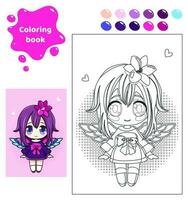 färg bok för ungar. kalkylblad för teckning med tecknad serie anime flicka. söt fe- med lilja och vingar. färg sida med Färg palett för barn. vektor illustration.