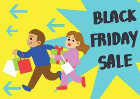 Mann und Frauen Laufen zu Einkaufen auf schwarz Freitag Verkauf Karikatur Stil. vektor