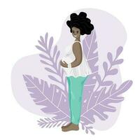 afrikansk amerikan gravid kvinna, framtida mamma kramas mage med vapen. Lycklig och friska graviditet begrepp vektor